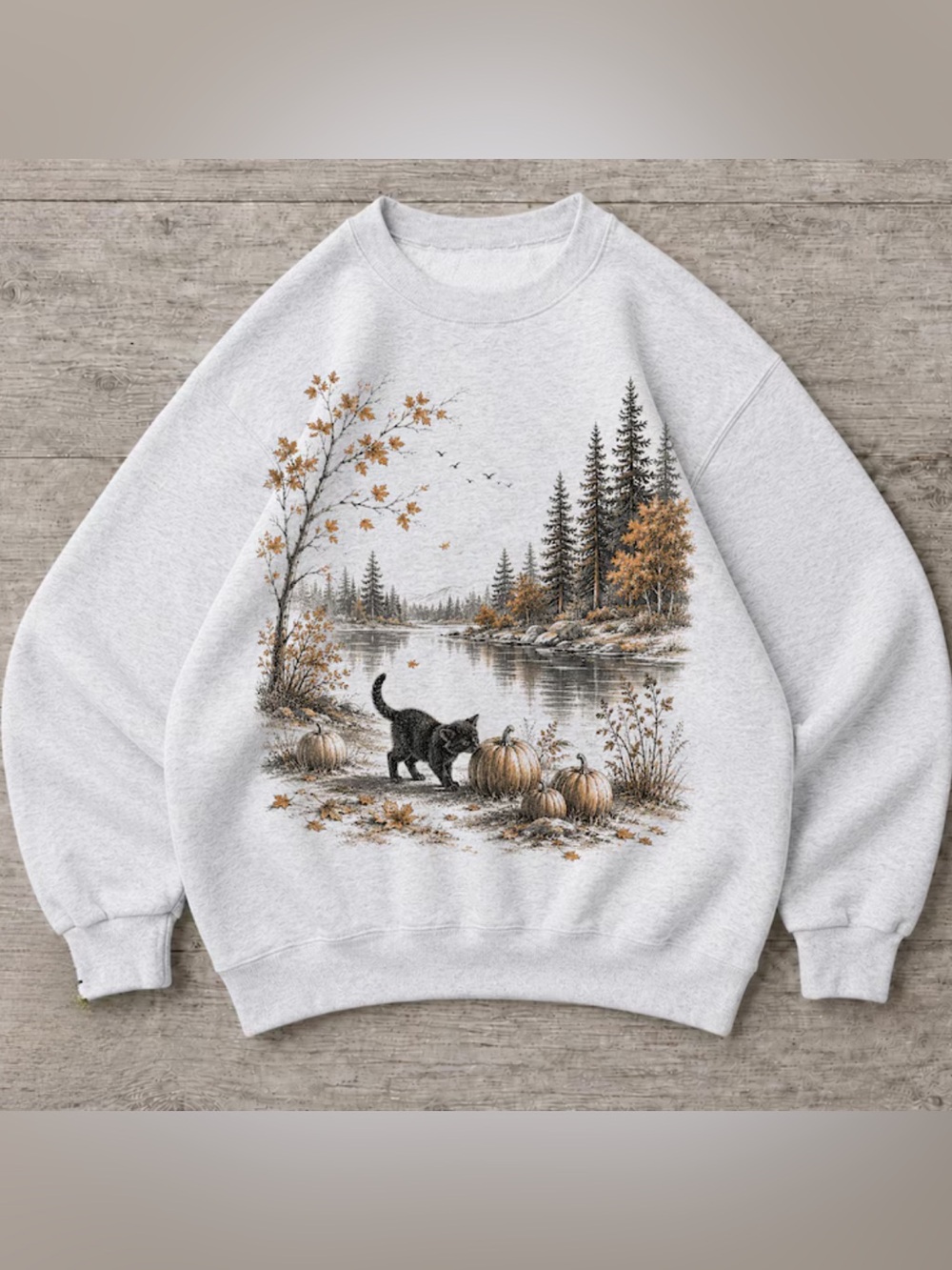 Unbranded Grey Sweatshirt with Fun Black Cat & Autumn Pumpkin Scene